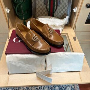 Gucci Brown Size 36.5 Interlocking G Logo Leather Loafers Brand New In Box